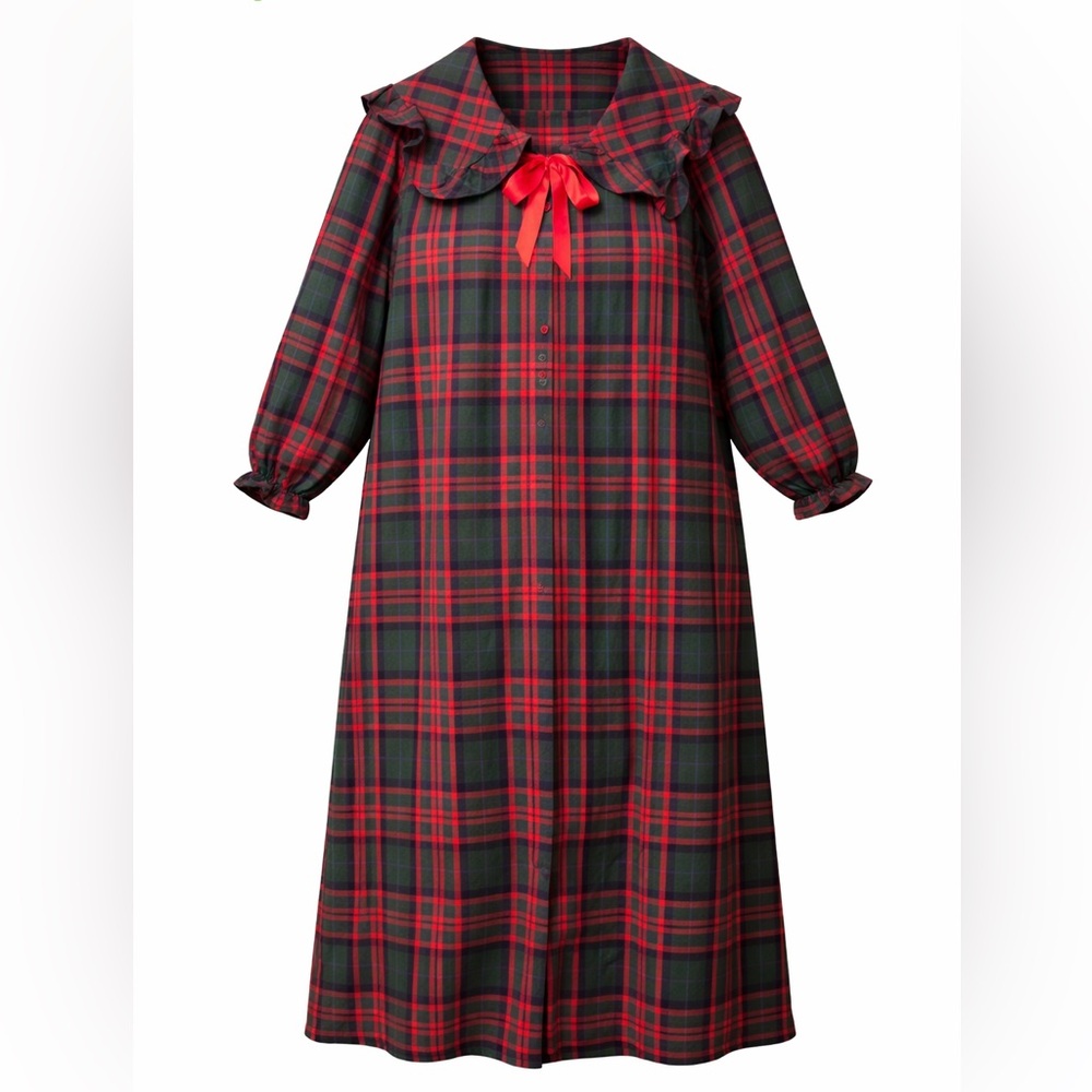 Plaid Cotton Flannel Nightgown Womens L Red Green Sailor Collar Bow 80s Cottage